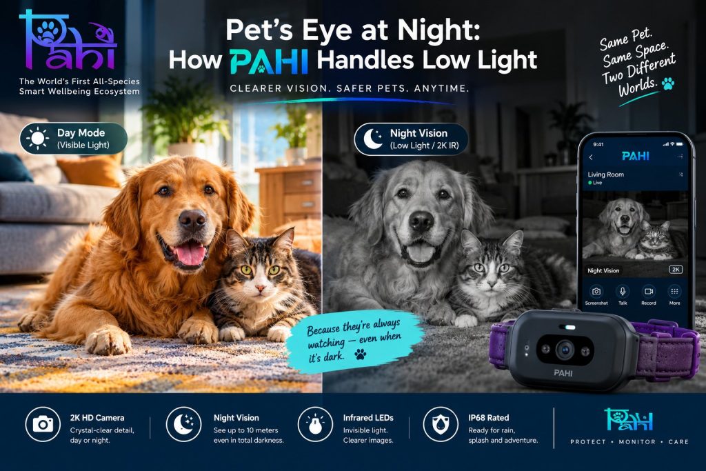 PAHI smart collar Pet's Eye camera showing day mode versus infrared night vision mode on dog and cat