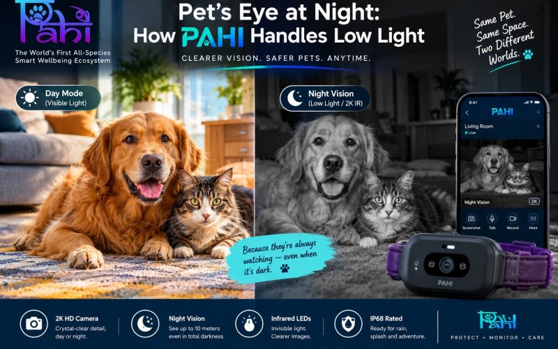 PAHI smart collar Pet's Eye camera showing day mode versus infrared night vision mode on dog and cat